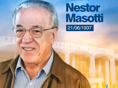 Ilustração com a imagem de um homem em frente ao prédio da Federação Espírita Brasileira, com um texto à direita. O homem é Nestor Masotti, cerca de 70 anos, com cabelos brancos para trás, usando óculos. O texto diz: 