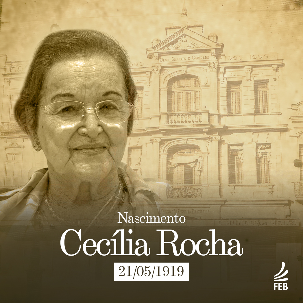 Ilustração em tons de sépia com a imagem de uma mulher à frente e um prédio antigo atrás, com um texto à direita. A mulher é Cecília Rocha, cerca de 70 anos, com cabelo amarrados, usando óculos. O texto diz: 