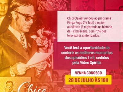Ilustração em tons de vermelho e laranja com várias fotografias de Chico Xavier no programa da TV Tupi, Pinga-fogo, no ano de 1971. Na direita da imagem está o texto: 