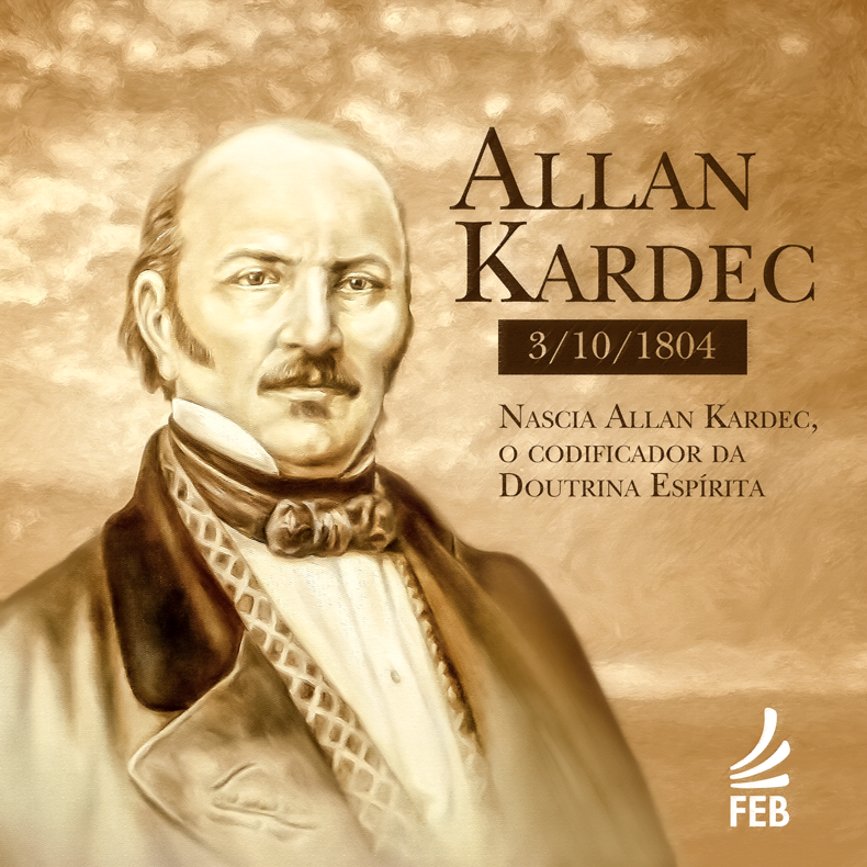 Ilustração em tons de sépia com a imagem de um homem à frente de nuvens e um texto à direita. O homem é Allan Kardec, cerca de 50 anos, tem bigode e está com roupas ao estilo do século 19. O texto diz: 