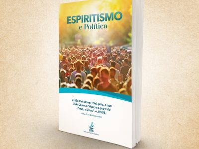 Ilustração em estilo mockup da capa do opúsculo Espiritismo e Política editado pela Federação Espírita Brasileira