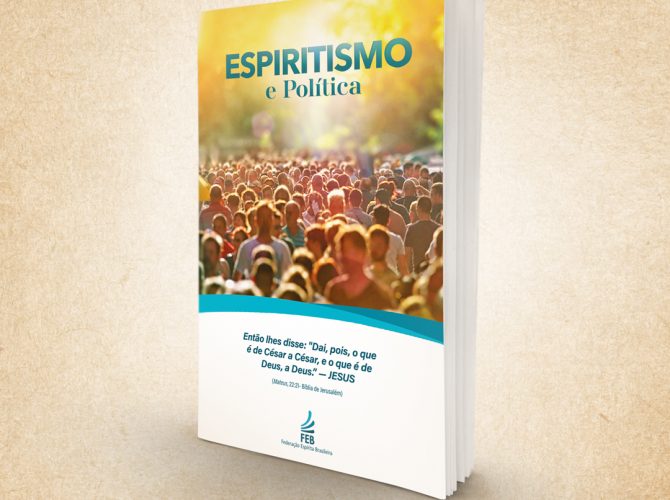 Ilustração em estilo mockup da capa do opúsculo Espiritismo e Política editado pela Federação Espírita Brasileira