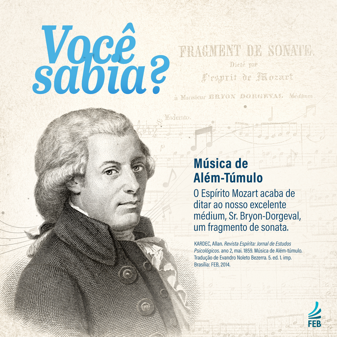 Ilustração. No plano de fundo uma partitura musical. No primeiro plano está um retrato em desenho preto e branco de Amadeus Mozart (1756-1791). Na parte superior da imagem está o título: 