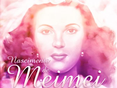 Ilustração em tons de rosa com a imagem de uma mulher e um texto no centro. A mulher é Irma de Castro Rocha, a Meimei, cerca de 20 anos, com cabelos longos, usando brincos e um colar de pérolas. O texto diz: 