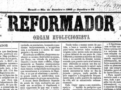 Recorte da página do periódico Reformador, editado pela Federação Espírita Brasileira. Na imagem está o título em caixa alta REFORMADOR, ano 1, número 1, janeiro de 1883.