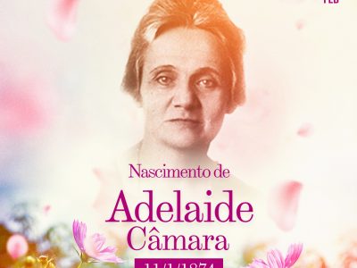 Ilustração com a imagem de uma mulher em um fundo com tons azul e rosa, e algumas flores na cor lilás. A mulher é Adelaide Câmara, com cerca de 40 anos, roupas e cabelos ao estilo da década de 1900. O texto diz: 