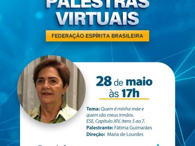 Ilustração em fundo azul e caixas brancas com textos e uma fotografia recortada ao ombro da palestrante Fátima Guimarães, mulher de pele bege clara e cabelos curtos. O título diz: 